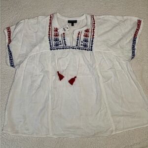Lane Bryant White Top with Red and Blue Embroidery